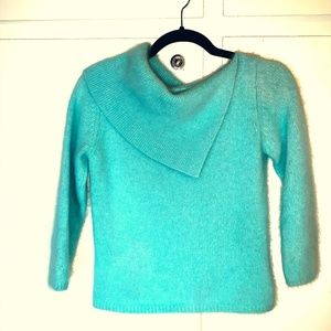 Bebe Fuzzy Angora Sweater 3/4 Sleeve Cropped Split Cowl Collar Soft Aqua Small